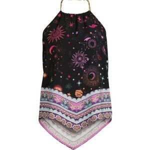 No Boundaries Space Galaxy Zodiac Star Top Gold Chain Strap Sleeveless Sz M 7-9